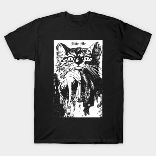 Bite Me Gothic Cat Black Halloween Horror Cult Shirt Mug Tapestry Sticker Pin + More T-Shirt